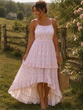 Altar’d State Pink Floral High-Low Maxi Dress Cottagecore Coquette